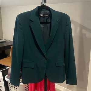 Zara Dark Green	Single Button Blazer Sz 8 w Shoulder Pads Business Casual